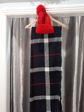 Load image into Gallery viewer, Cable knit bobble hat and Checked scarf set
