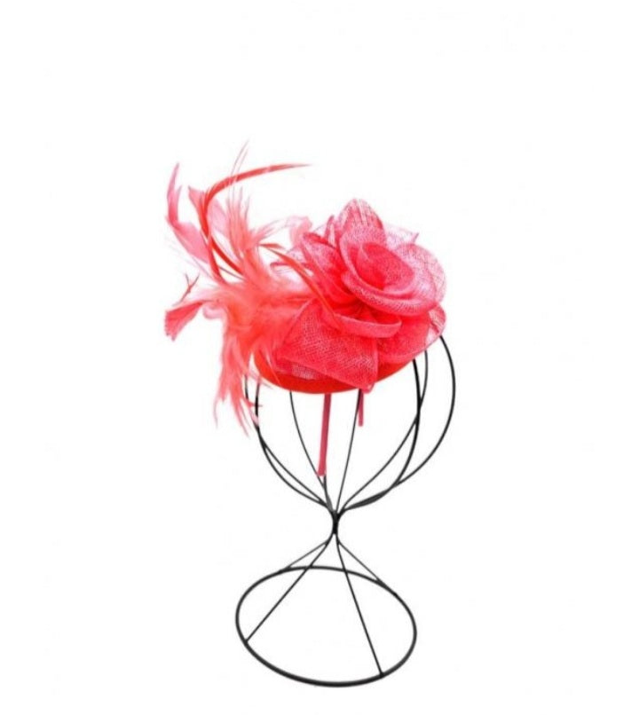 Coral floral headpiece with feathers