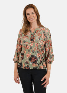 Signature V Neck khaki floral print top