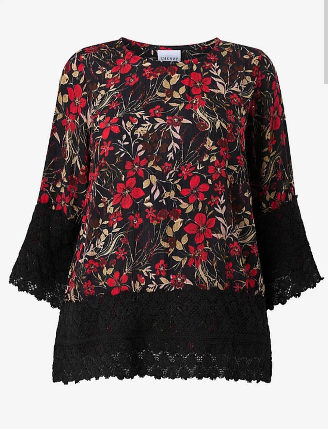 Zhenzi red floral print top with black lace