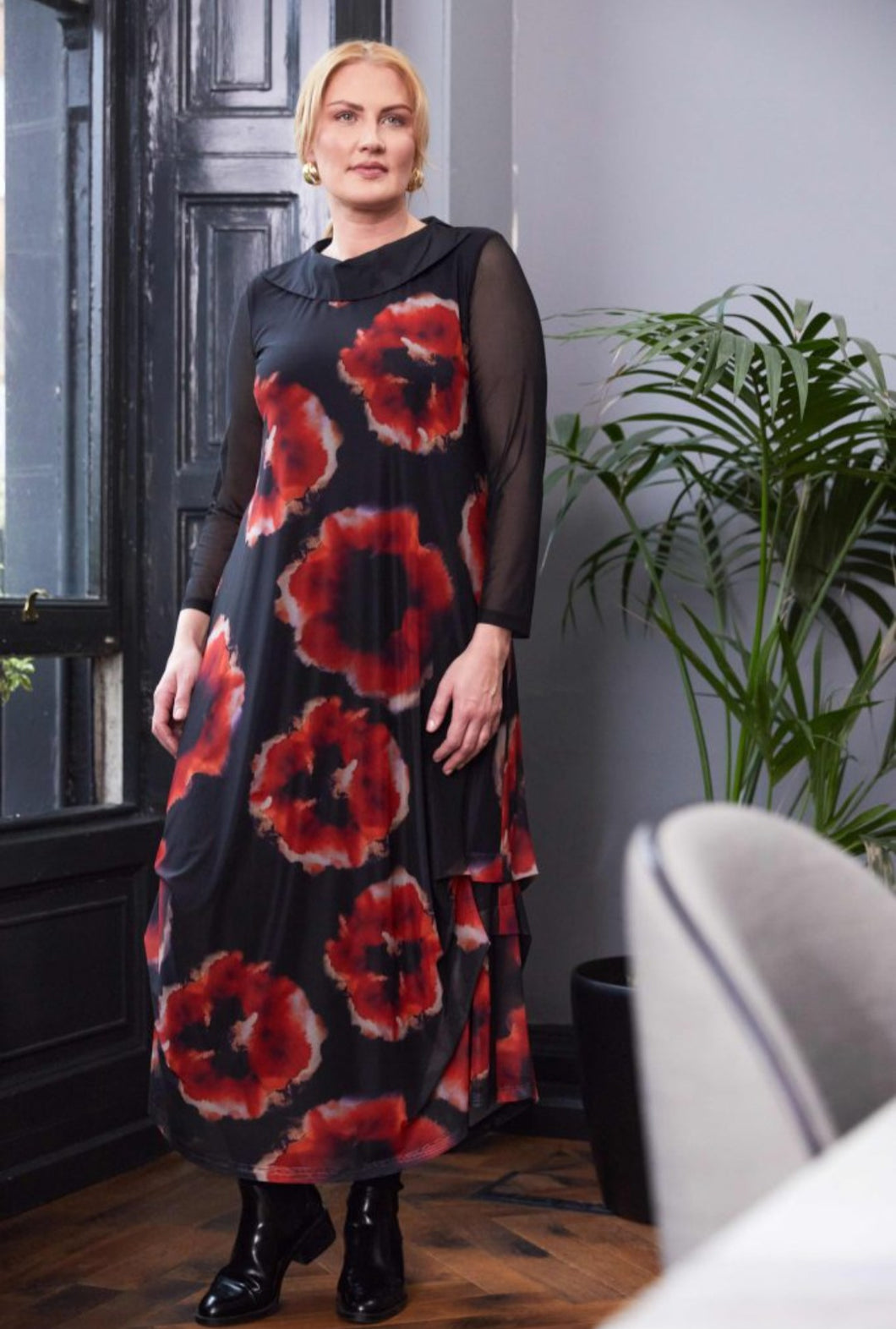 Ora Orange print mesh dress