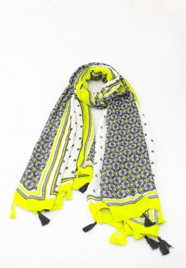 Patterned print scarves with tassels