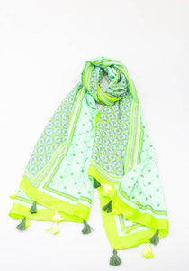 Patterned print scarves with tassels